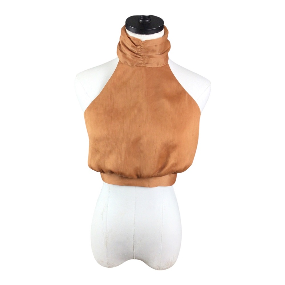 Princess Polly High-Neck Cropped Halter Top Gold Tie Back Button Neck Sz 6